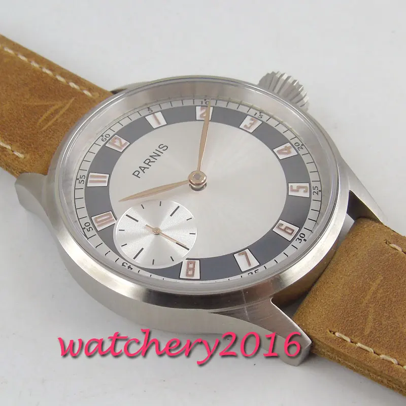 Часы мужские Parnis с белым циферблатом и кожаным ремешком 43 мм покрытием из