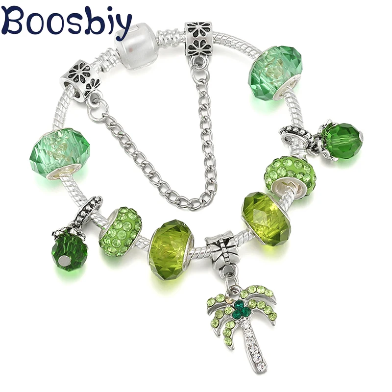 

Новый дизайн, подвески в виде кокосового дерева с зеленью, Посеребренная цепочка-змея, Шарм-браслет, самодельные ювелирные изделия в естест...