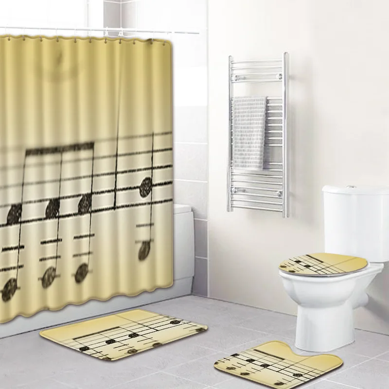 

Musical Note Series Shower Curtain Bathroom Carpet Set Four-piece Creative Absorbent Anti-slip Mat Set