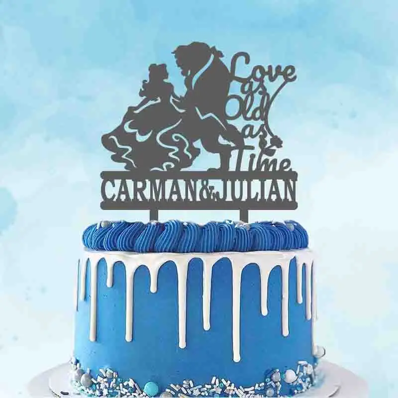 

Персонализированные Свадебный торт Топпер имя пары на заказ Красота и с рисунком из мультфильма «Красавица и Чудовище» Любовь старой как в...