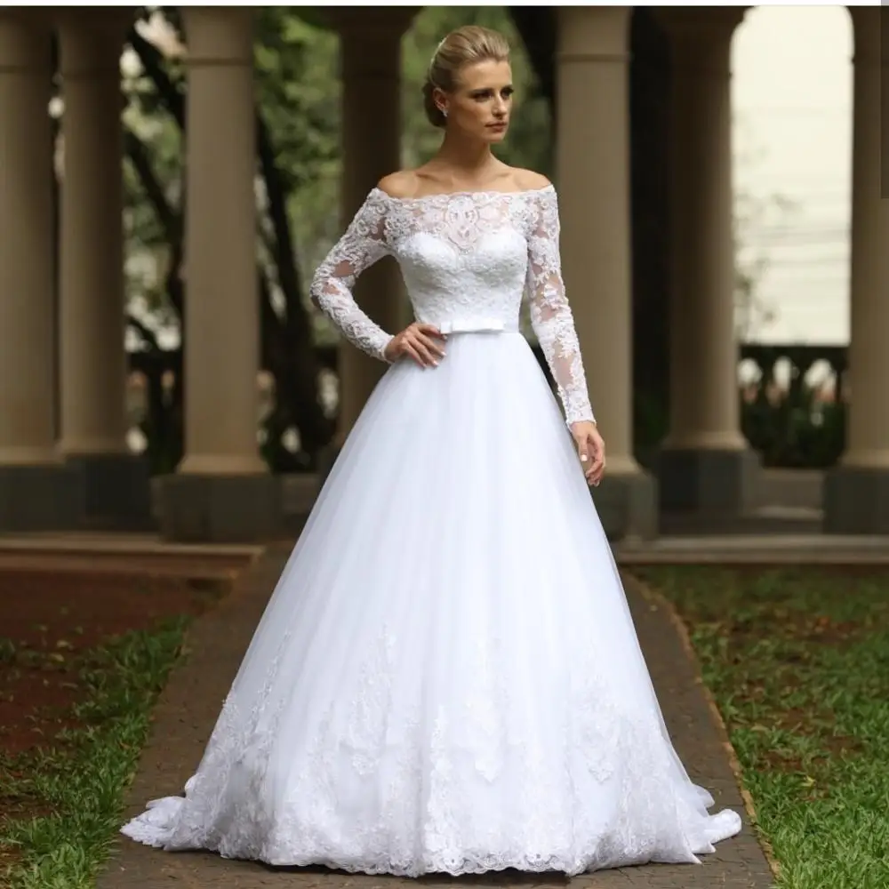 Свадебное платье трапециевидной формы с длинным рукавом длиной до пола Длина