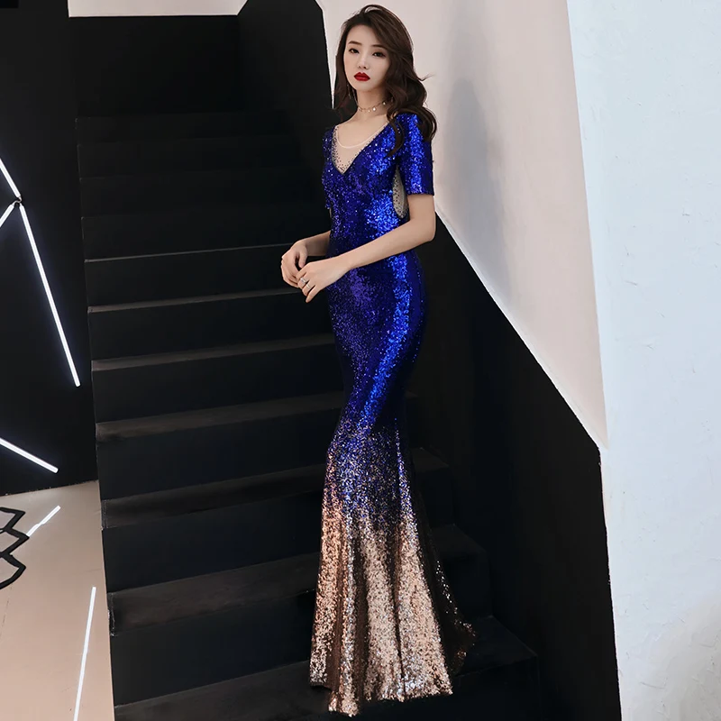 Красивое Черное вечернее платье русалки с пайетками рукавом до локтя женское