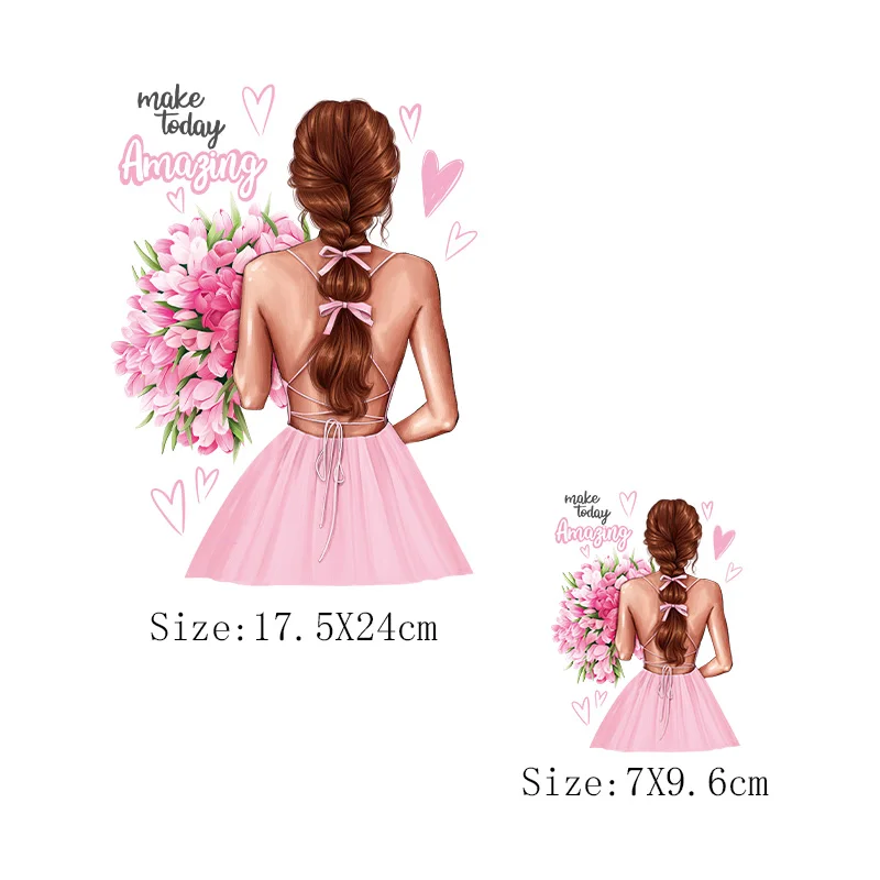 

Pink Girl Flower Thermal Sticker On Clothing Iron On Transfer Patch DIY Washable Sticker On T-Shirt Hoodie Beautiful Women Patch