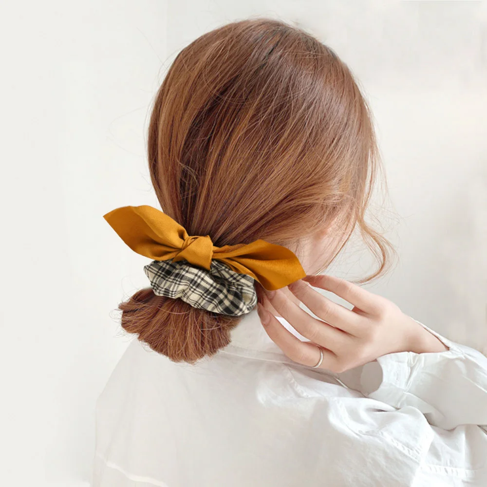 

French Style Plaid Pattern Scrunchies Retro Girls Hair Rope Rabbit Ear Bow Knotted Elastic Hair Band Ponytail Hair Accessories