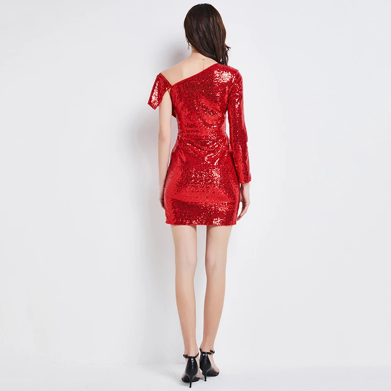 

Women's Runway Dresses O Neck One Shoulder Long Sleeves Sequined Fashion Shealth Dresses