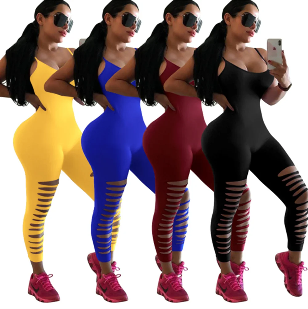 

RStylish 2021 Summer Clothes Sleeveless Streetwear Rompers Solid Color Women Sexy Spaghetti Straps Hole Cut Out Bodycon Jumpsuit
