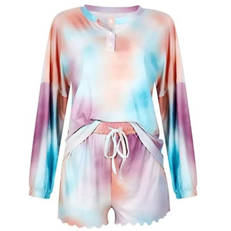 

Women Tie-Dye Pajamas Long Sleeve Buttons Tops Ruffles Shorts Lounge Tracksuit