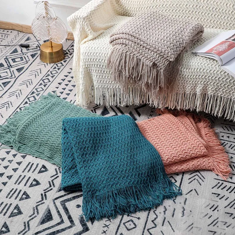 Knitted Blanket Solid Color Embossed Blanket Nordic Decorative Blanket for Sofa Bed Throw Chunky Knit Throw Blanket High Quality chic quality comfortable drawstring style knitted mermaid design throw blanket
