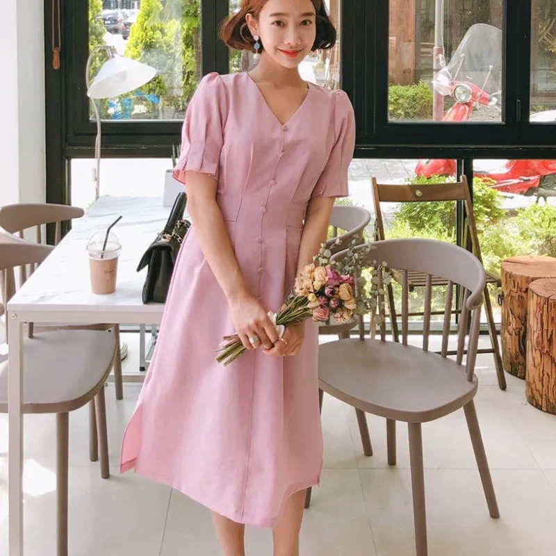 2019 женское летнее винтажное платье во французском стиле с поясом и пуговицами