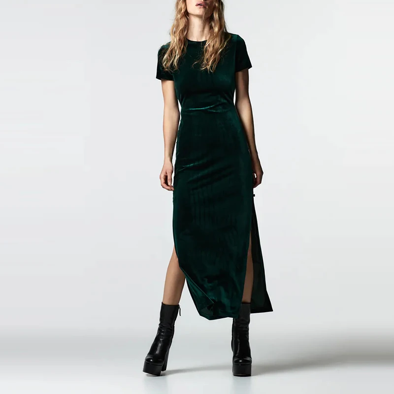 

Осеннее модное бархатное платье миди с коротким рукавом и круглым вырезом, платье в китайском стиле с разрезом, женское вечернее платье