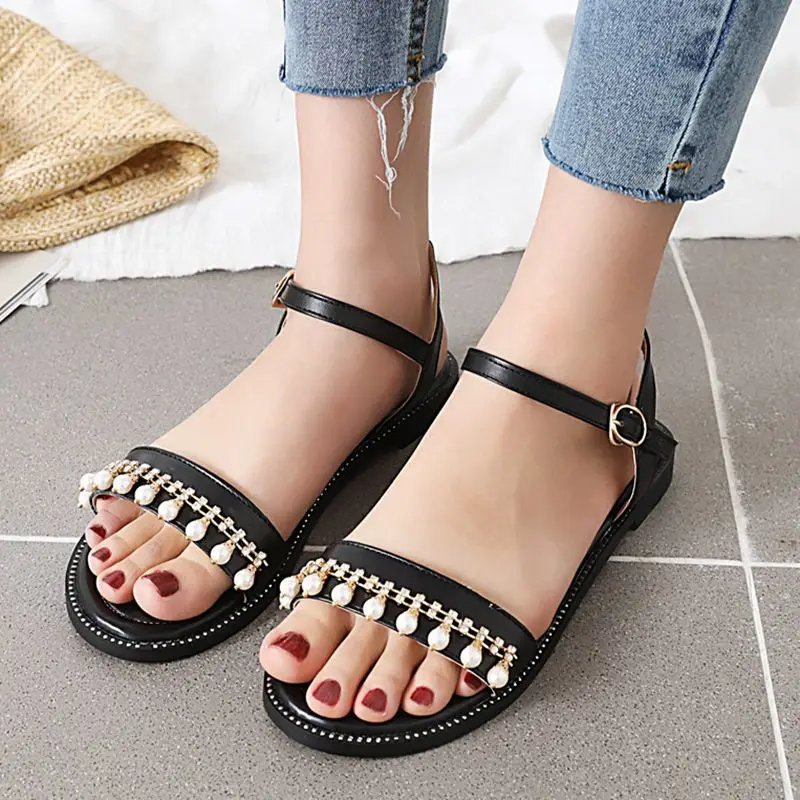 

COOLULU Women Summer Sandals Low Heel All Match Open Toe Sandals Flats Shoes Ladies Pearl Casual Ladies Sandals Size 34-43
