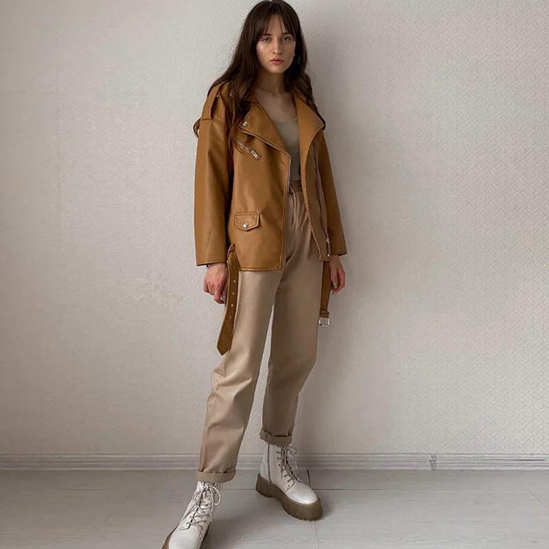

Spring Autumn Women Brown Faux Leather Jacket Moto Biker Punk Style PU Coat Casual Loose Locomotive Outwear with Belt