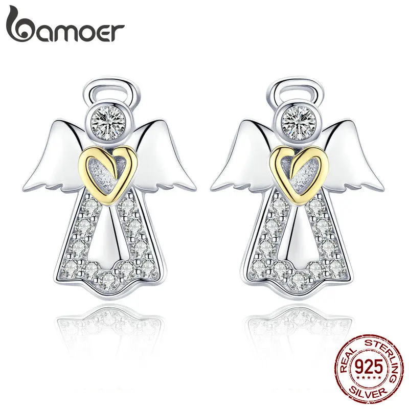 BAMOER,, натуральная 925 пробы, серебро, ангел-хранитель, изысканные серьги-гвоздики для женщин, модное серебряное ювелирное изделие, подарок SCE476