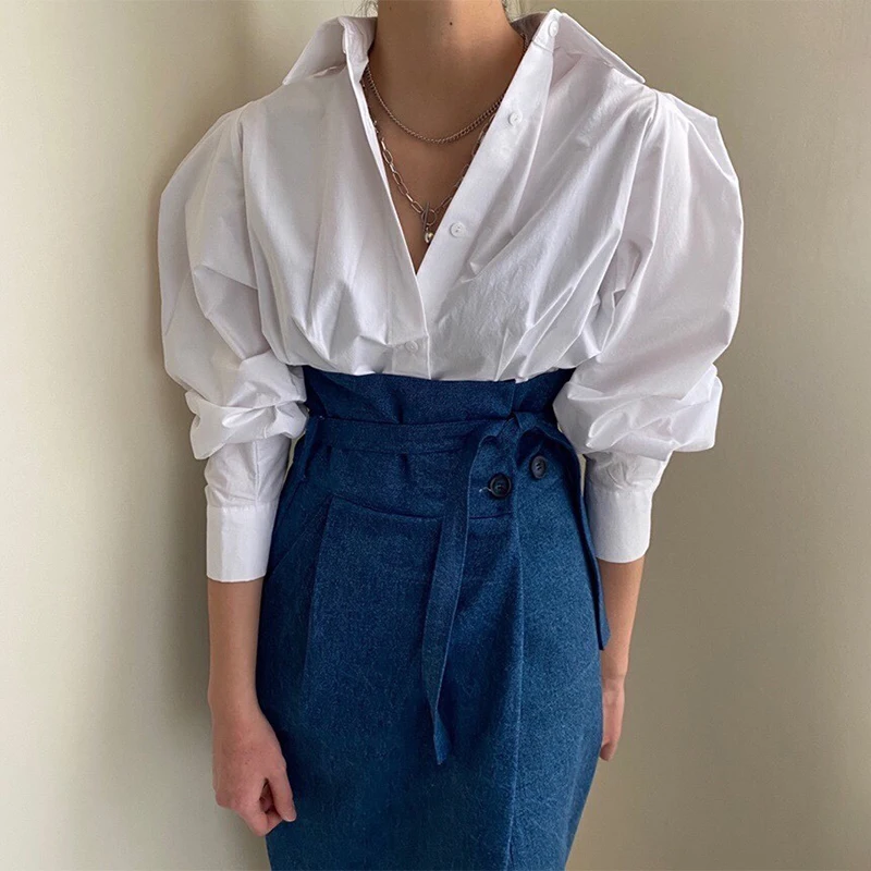 

Корейская шикарная простая и универсальная рубашка с одним рукавом + рок с высоким хвостом на шнуровке