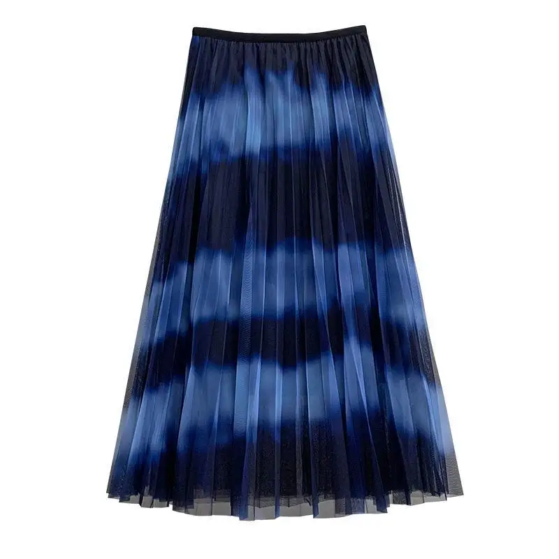 

2021 Autumn & Winter New Women Contrast Striped Pleated Skirt Mesh Skirt Casual All-match Fashion Women Long Skirt Free Shipping