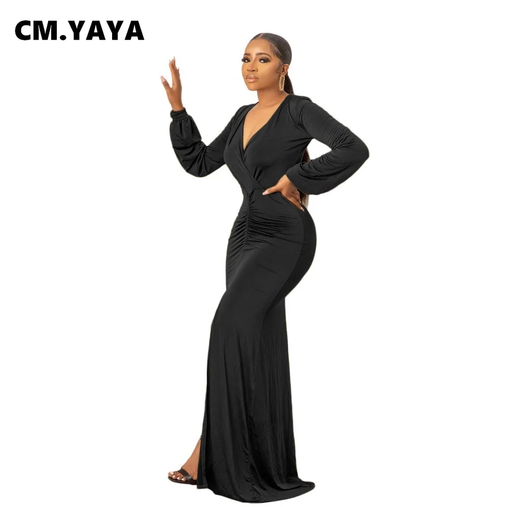 

CM.YAYA Women Long Dress Solid Full Sleeve V-neck Strechy Maxi Floor Length Dresses Fashion Vintage Party Vestidos Summer Outfit