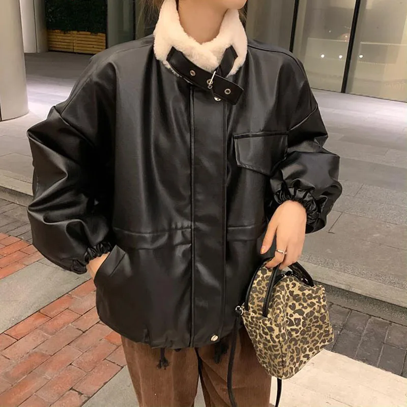 

Новая зимняя байкерская куртка Lucyever из искусственной кожи, женское черное повседневное плотное плюшевое теплое пальто, женское корейское п...