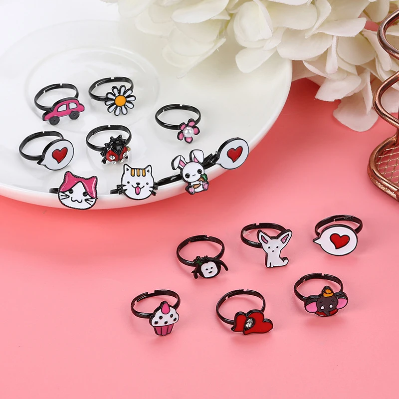 

10Pcs Adjustable Random Flower Animal Fruit Shape Cartoon Rings Set Cute Creative Mix Finger Jewelry Accessories Birthday Gifts