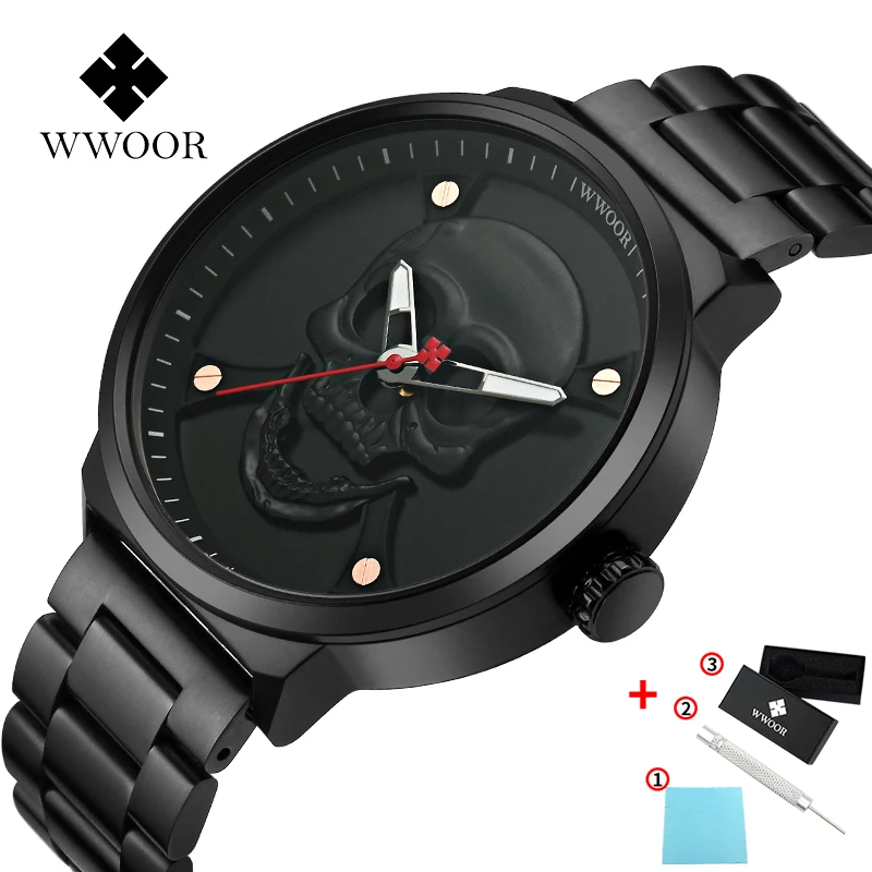 8867G-black WWOOR Топ бренд горячая распродажа Роскошные модные часы мужские из нержавеющей стали ремешок золотой череп повседневные светящиеся мужские часы кварцевые мужские часы - Цвет: 8867G-black