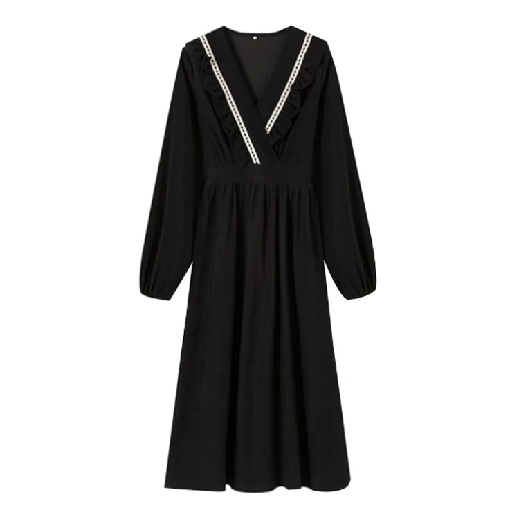 

BacklakeGirls 2021 Spring And Autumn Women Striped V Neck High Waist Evening Dress Long Sleeve Black Maxi Dresses Plus Size