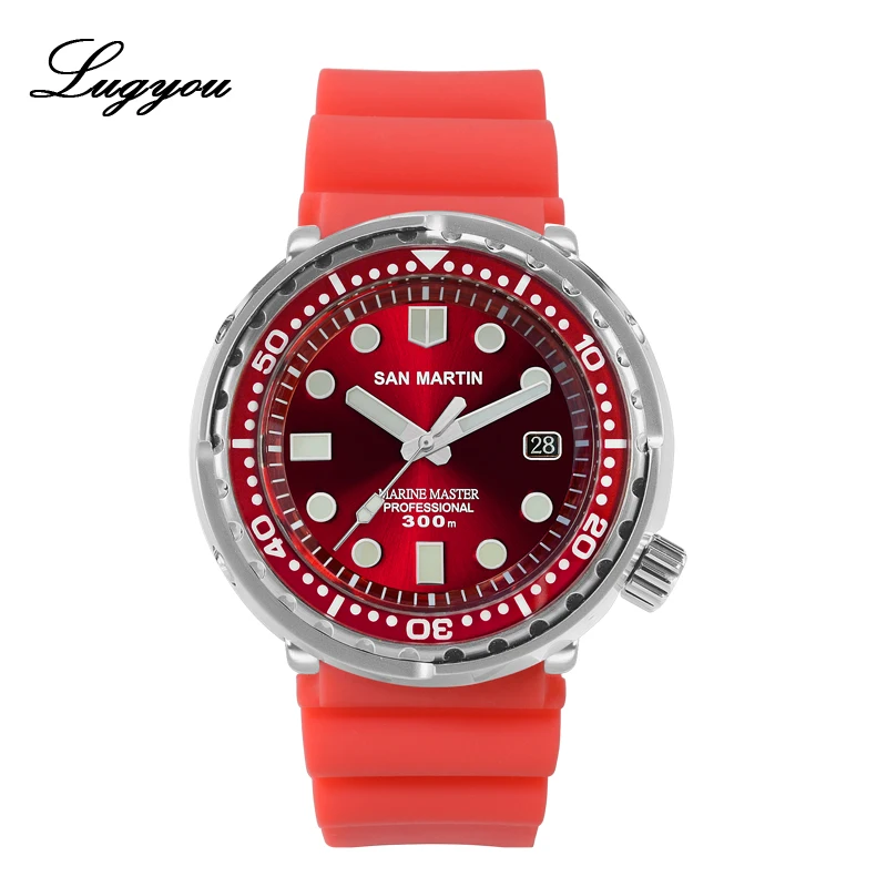 Rubber Red Lugyou Сан Мартин тунец SBBN015 автоматические мужские часы для дайвинга из нержавеющей стали 300 м водостойкие солнечные лучи циферблат металлический браслет - Цвет: Rubber Red