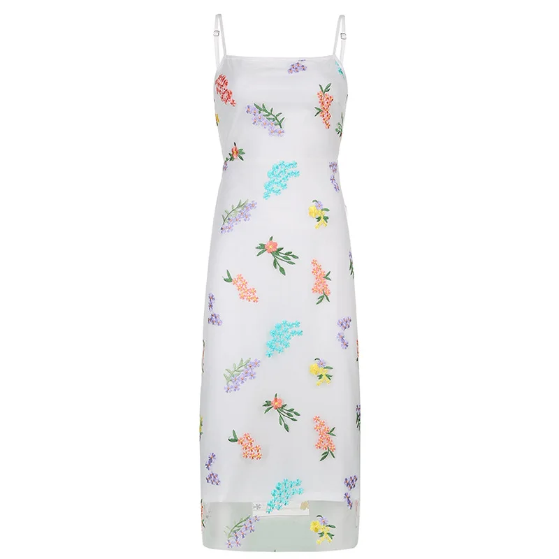 

2021 Women's New Fashion Sexy Mesh Embroidered Waist Slim Sling Dress Female Temperament Long Skirt