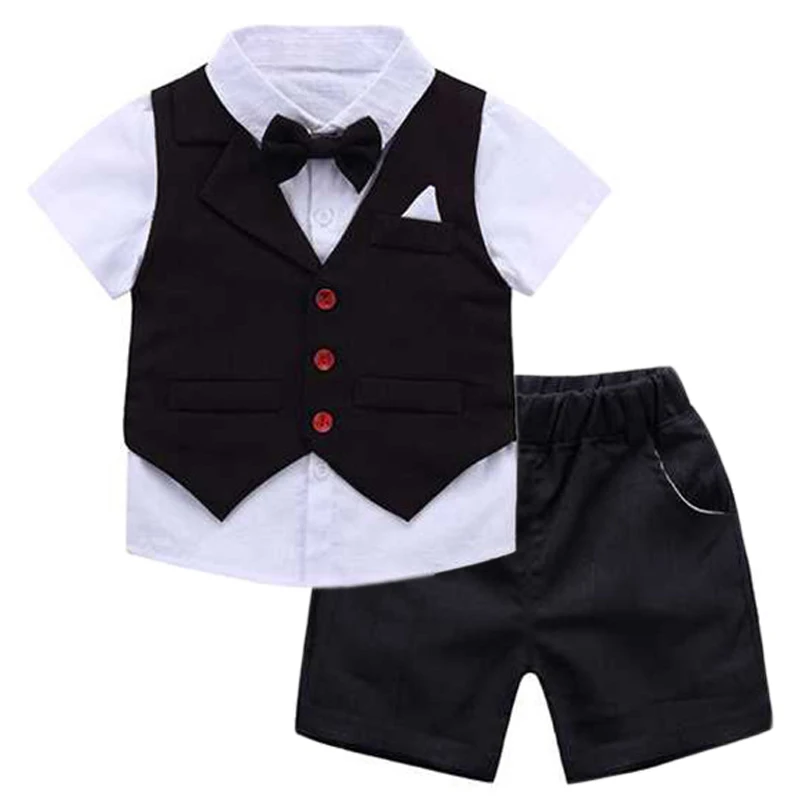 

Summer Kids Clothes 3 Pieces Boys Outfit Cotton Vest + Shirt + Shorts with Bow Formal Children Costume for 1 to 7 Y Black KB8093