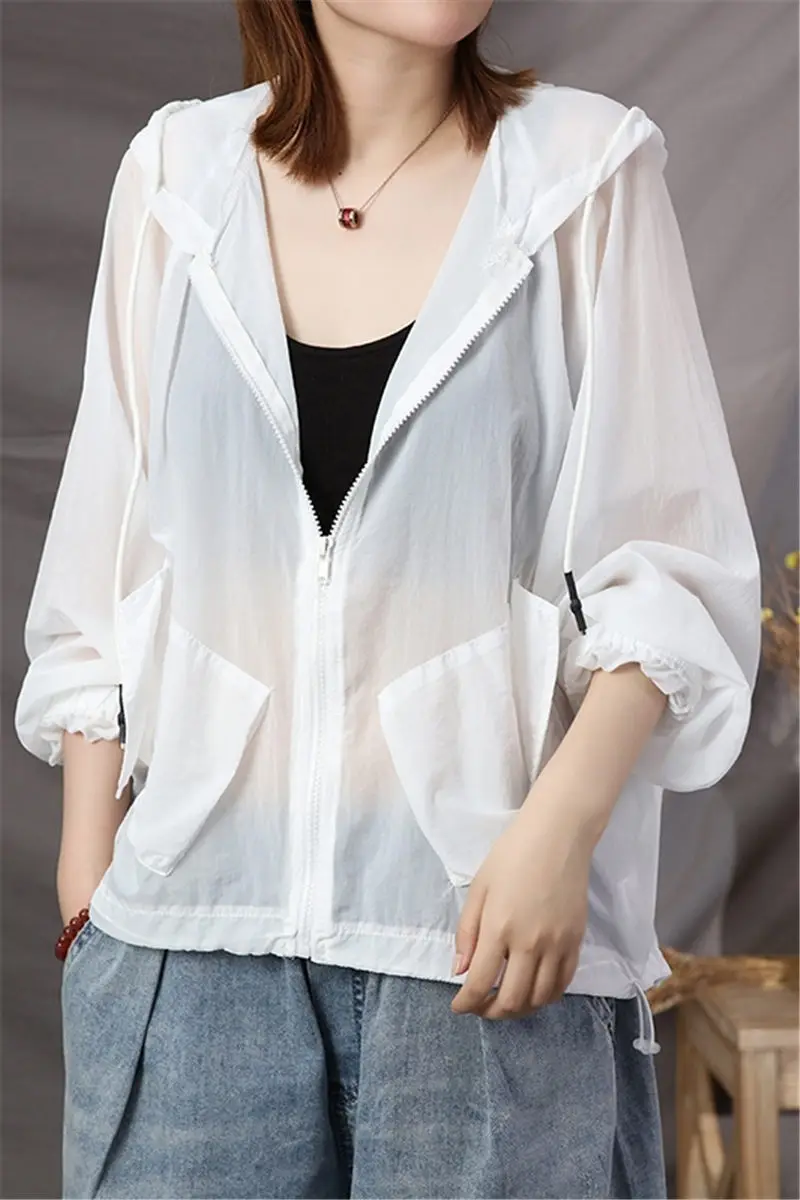 

Hooded Shirt Women Summer Jacket 2020 Long Sleeve Casual Loose Sun Protection Clothing Female Zipper Spring Blouse Tops K276