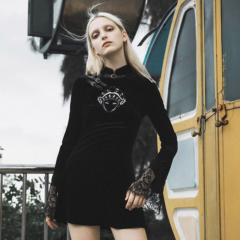 Punk Rave Women's Mandarin Collar Theatrical Mask Embroidered Dresses With Lace Cuffs PQ-628 Asian Size(XS-M) | Женская одежда
