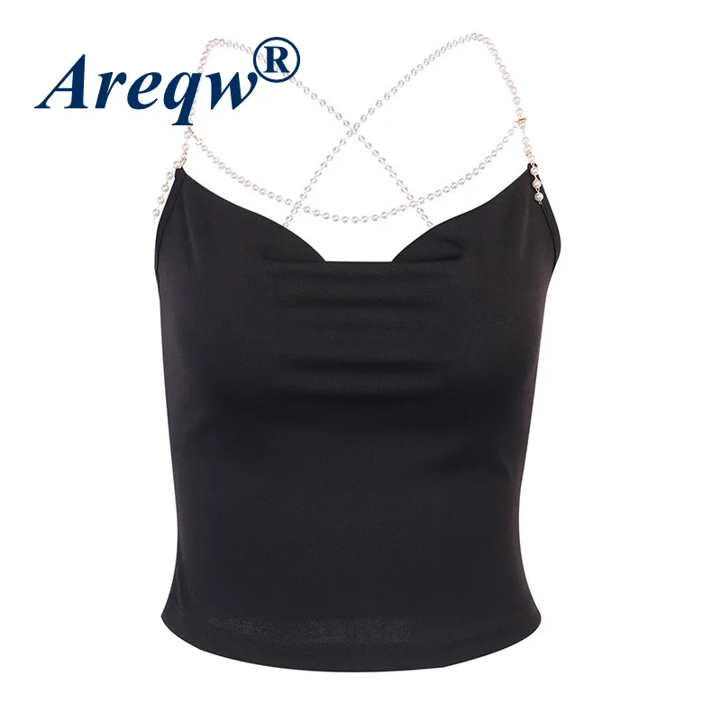 

Women's 2021 New Sexy Slim Short Halter Pearl Sling Vest