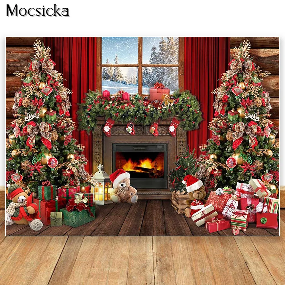 

Rustic Wooden Christmas Backdrop Kids Portrait Photography Winter Xmas Tree Photocall Forest Toys Gifts Photo Props Photostudio
