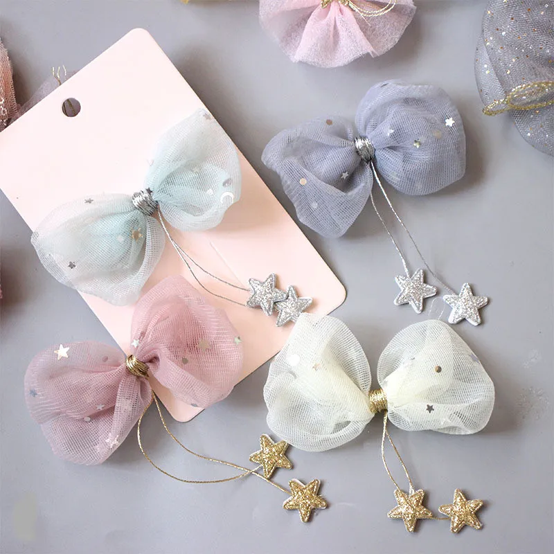 

South Korea New Children's Hair Accessories Star Yarn Hanging Little Star Tassel Bow Hair Clip Girl's Headdress Pink