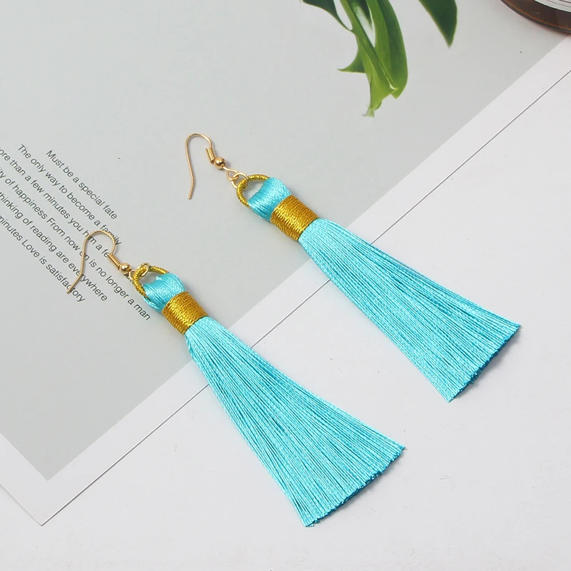 sky blue Модные длинные серьги с кисточками ручной работы, черные, красные, розовые, белые шелковые висячие серьги с ниспадающими кисточками для женщин, ювелирные изделия - Окраска металла: sky blue