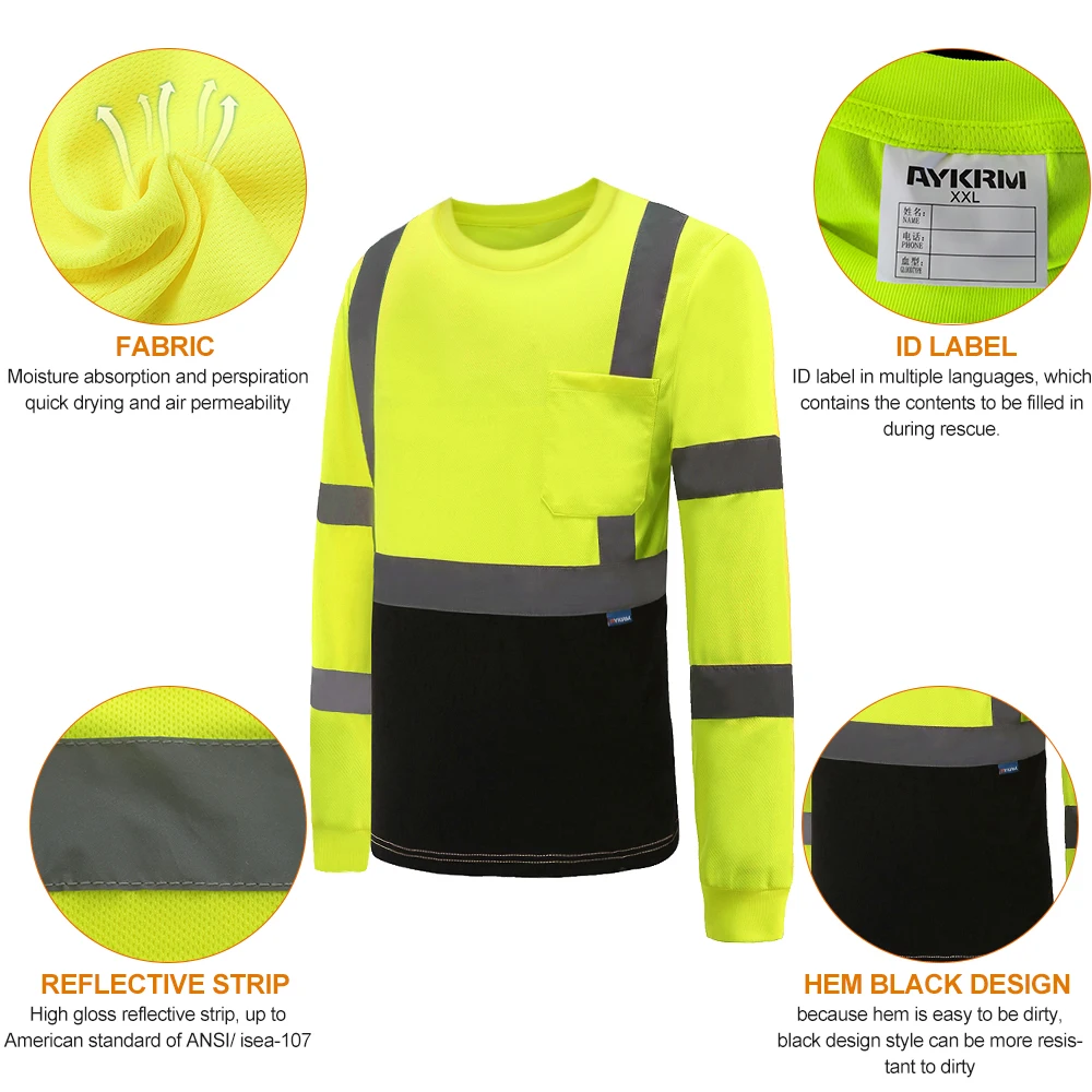 AYKRM флуоресцентная Защитная футболка Hi Vis Рабочая одежда с длинным рукавом желтые