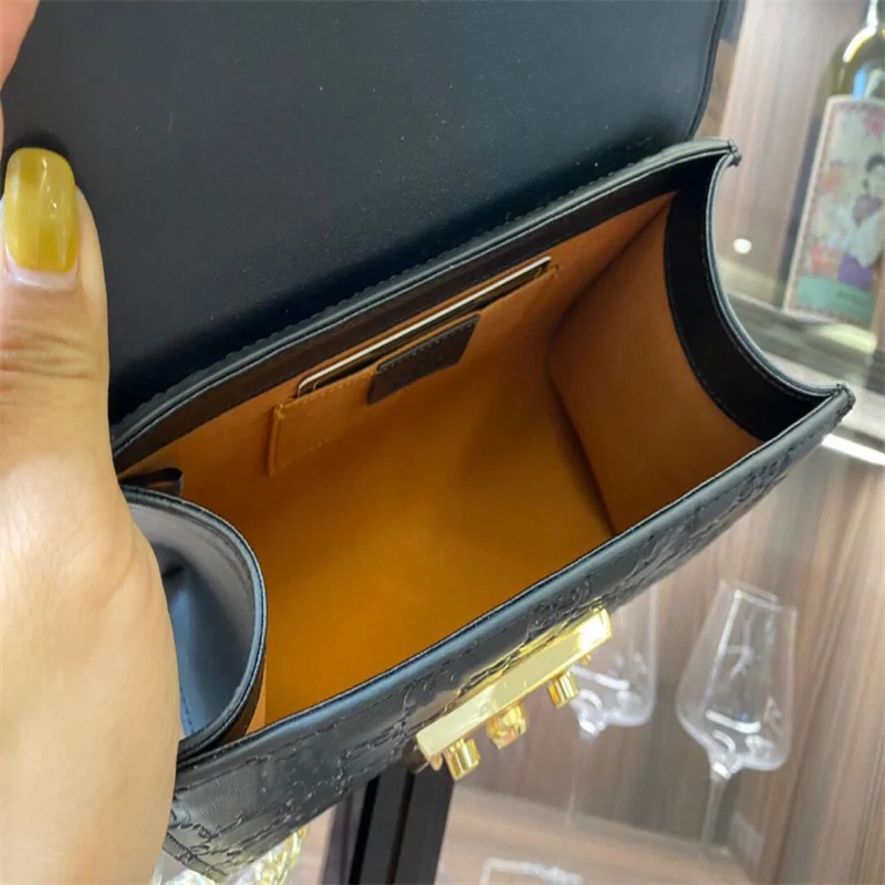 

Top luxury first layer calfskin black lady shoulder chain bag messenger bag casual handbag flip top designer metal decoration