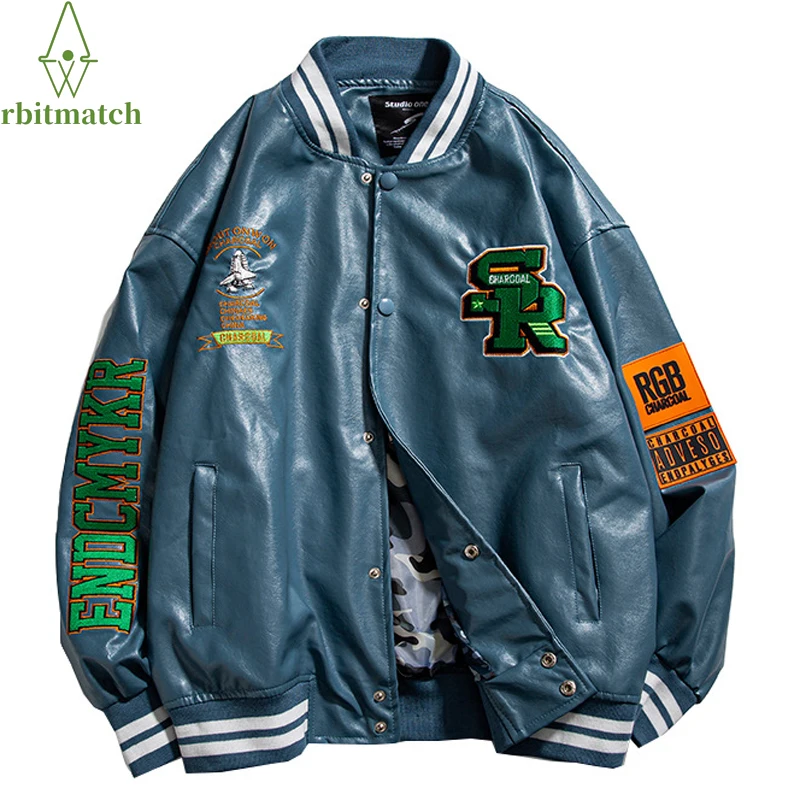 

Winter Jacket Man Hip Hop Leather Fuzzy Embroidery College Varsity Coats Patchwork Color Block Baseball Coat Streewear Outwear