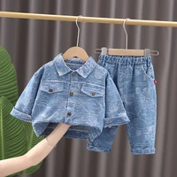 2021 fashion autumn winter baby girl clothes set toddler boy cool denim 2 piece suits kids printing coatpants 0 5years clothing