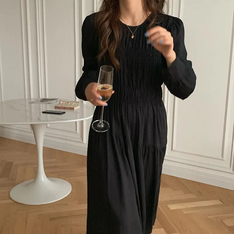

2021 New Vintage Korean Style Elegant Autumn Dress Women Minimalist Long Sleeve Solid Long Dresses Female Vestidos