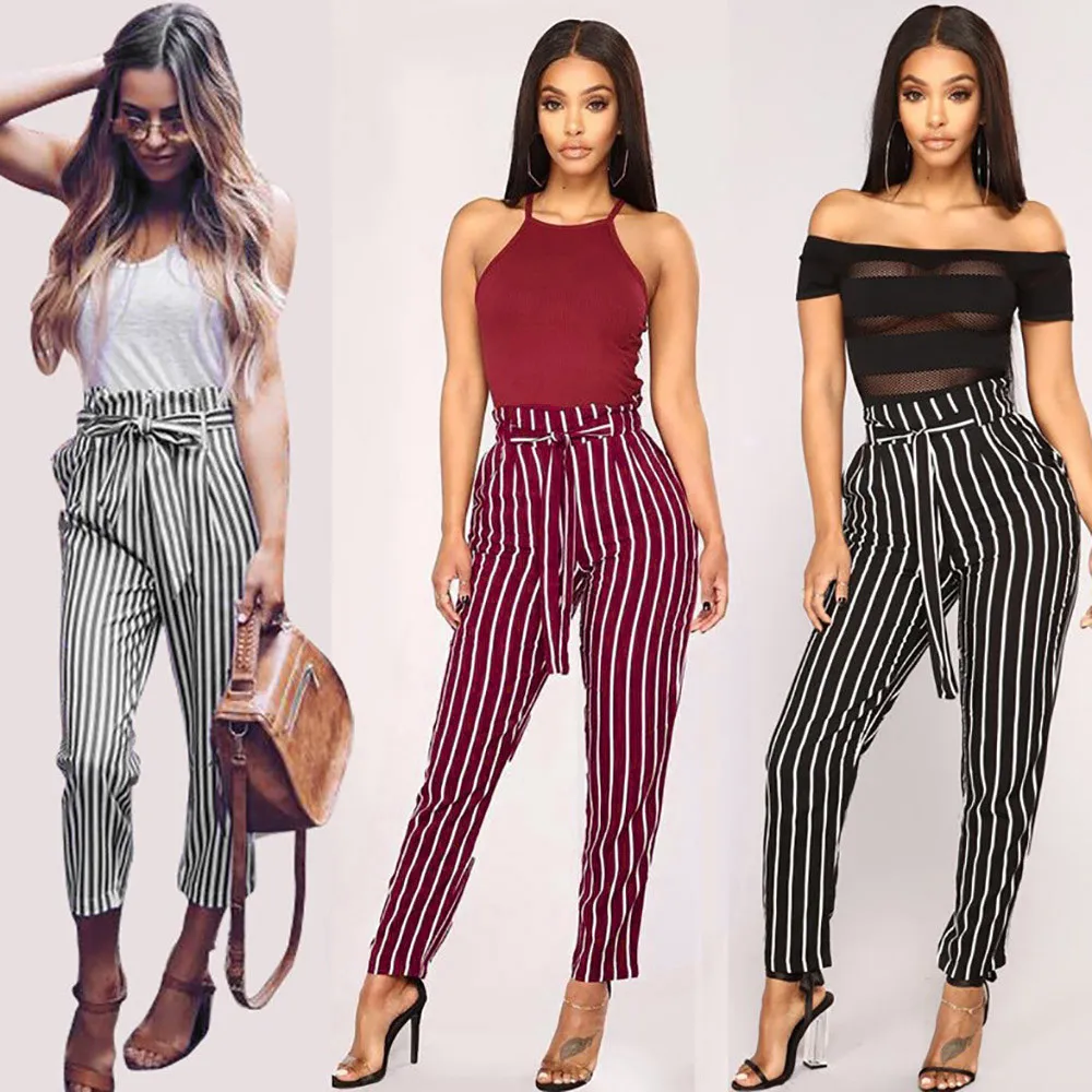 Женские шаровары с высокой талией Элегантные повседневные брюки в полоску