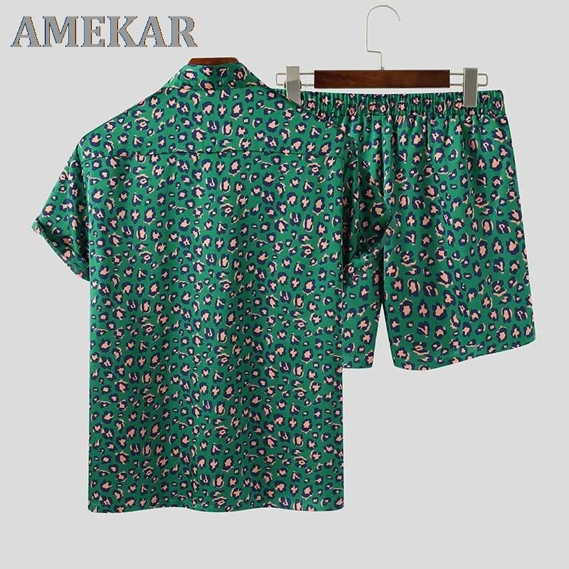 

Fashion Men Sets Streetwear Leopard Print Short Sleeve Lapel Shirt Beach Shorts Hawaiian Men Suits 2 Pieces Plus Size