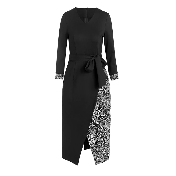 2019 Autumn Elegant Office Ladies Dress O Neck Lace Up Bow Asymmetrical Clothes High Waist Fashion Patchwork Slim Women Dresses |