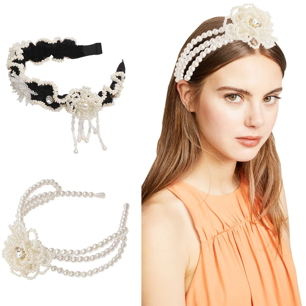 

Xugar Wide Hairband Bezel Pearl Flower Hair Bands For Women Handmade Headband Girls Rhinestone Hair Band Hoop Hair Accessories