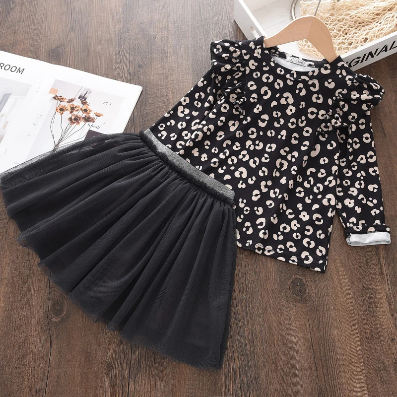

Keelorn Toddler Girls Clothes Children Autumn Fall Clothing Sets Leopard T-Shirt Mesh Skirts Outfits 2Pcs Kids Full SLeeve Suits