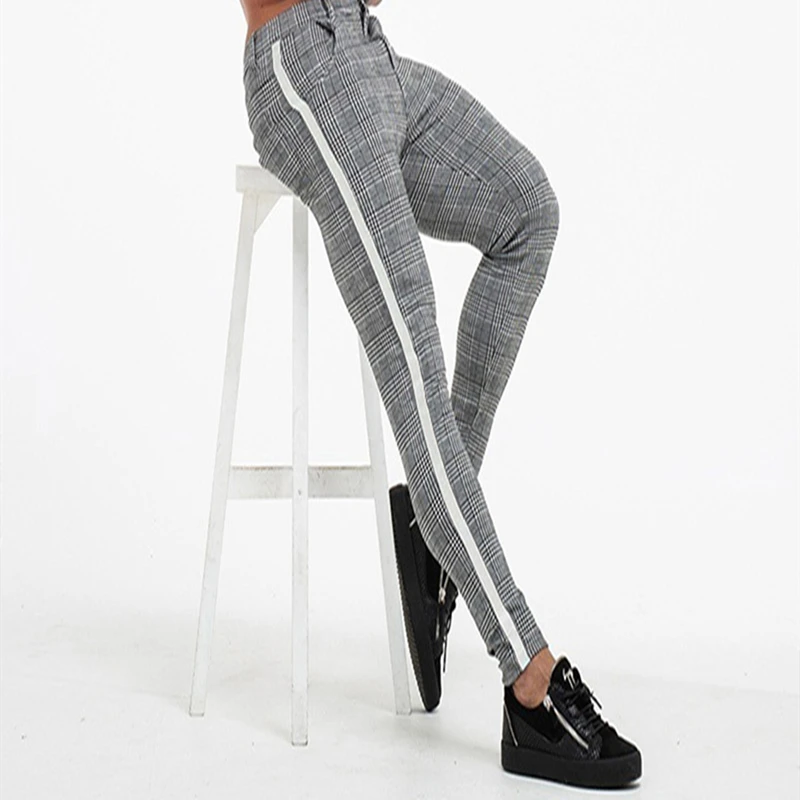 

Casual Mens Chinos Cotton Slim Fit Men Pants Trousers Skinny Chinos Pants Grey Ankle Length Streetwear Plaid Side Stripe Pants