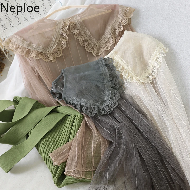 Neploe сексуальная перспективная кружевная рубашка с длинным рукавом оборками