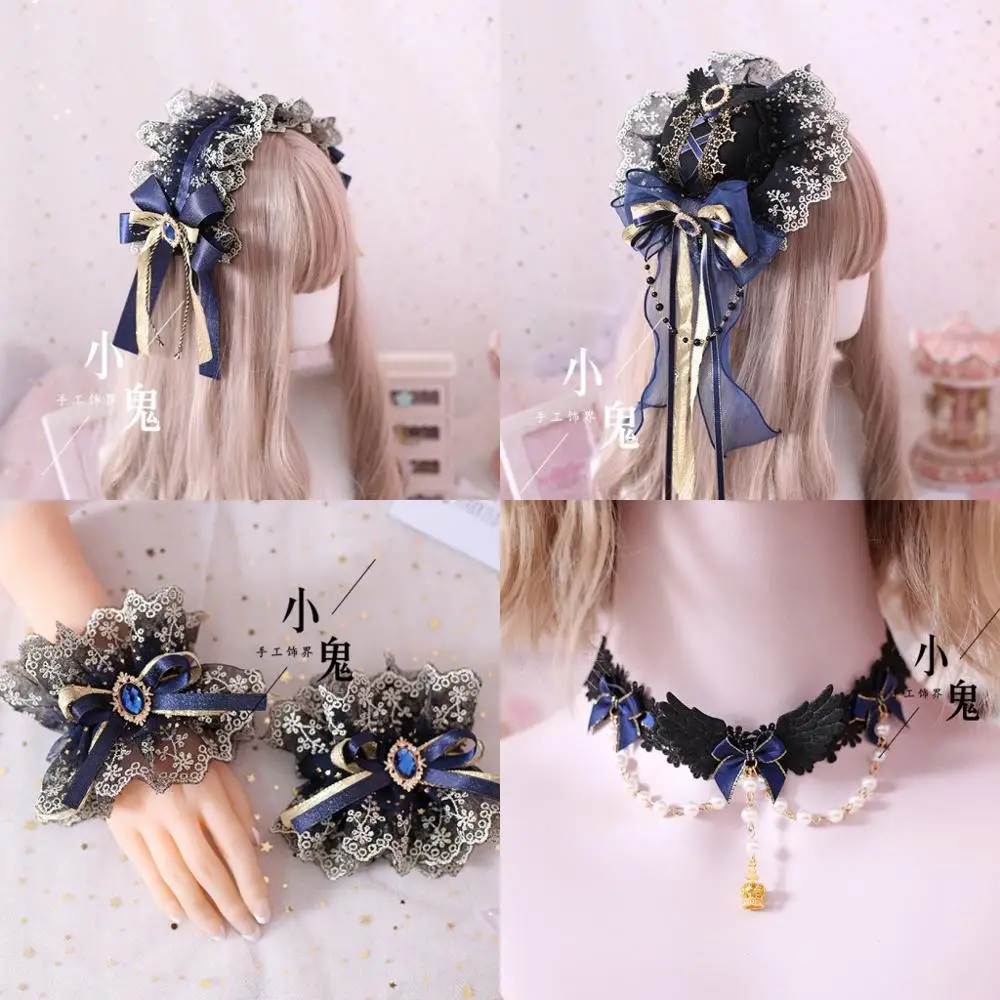 Star Moon Floating Light Navy Hairpin Headwear Gorgeous Vintage Court Style Lolita KC Hair band with Side clip Top hat Cosplay