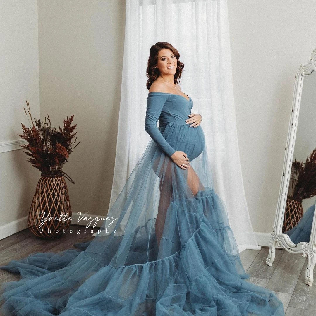 Elegant Women Maternity Dress for Photography Custom Tulle Off the Shoulder Maternity Gown Blue Pregnancy Photo Shoot Dresses