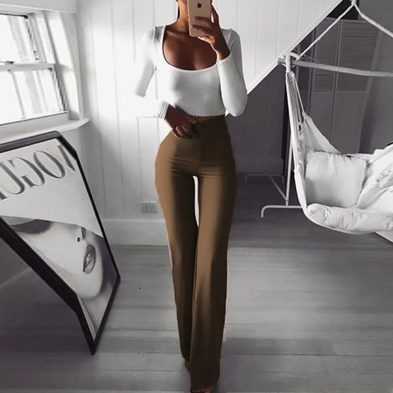 

Autumn New Elegant Solid Flare Women Pants Fashion Stretch Thin Wide Leg Trousers Spring Casual Slim High Waist Lady Long Pants