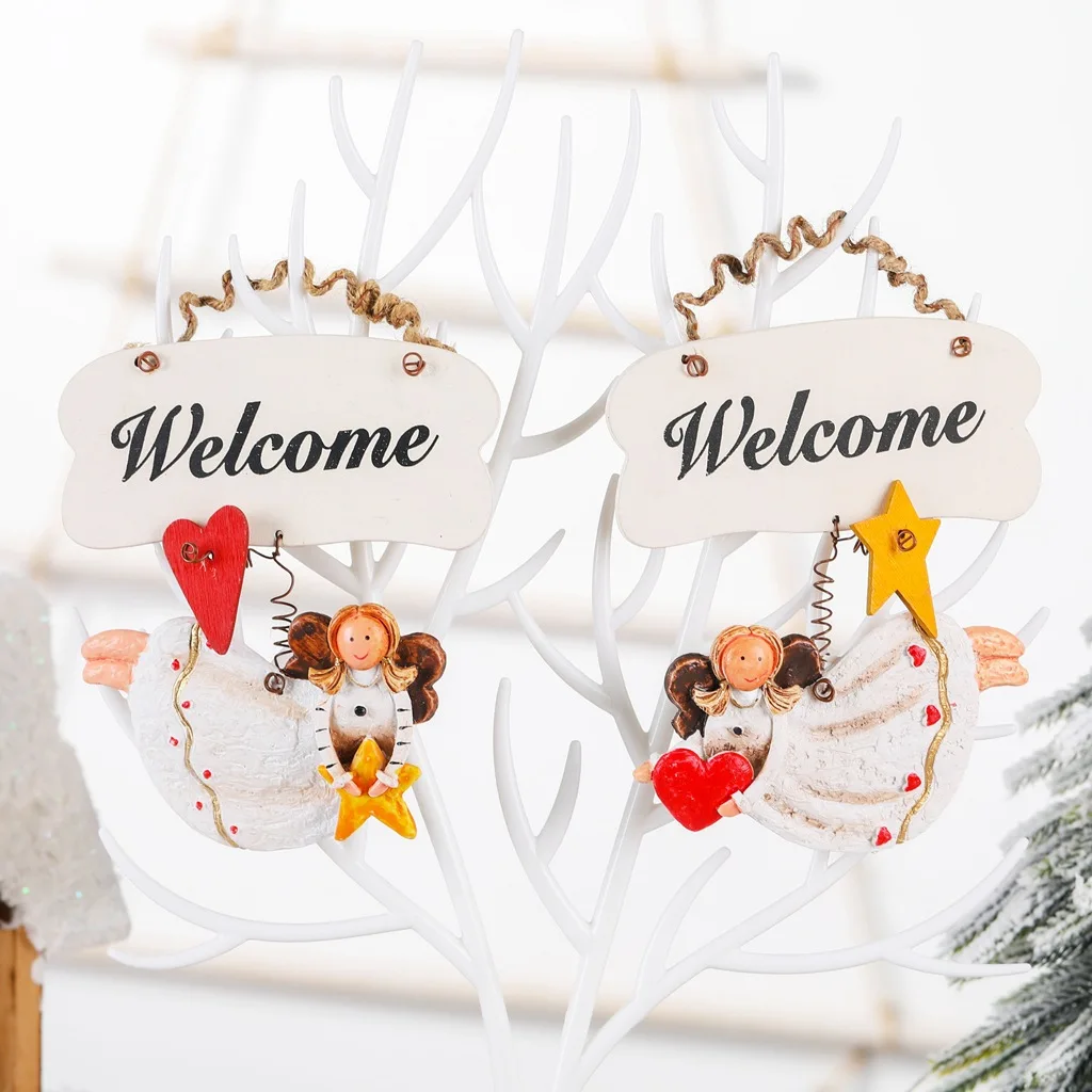 

Welcome Sign Angel Christmas Tree Ornaments Wall Door Wooden Hanging Pendant Home Deroration Art Accessories European Style