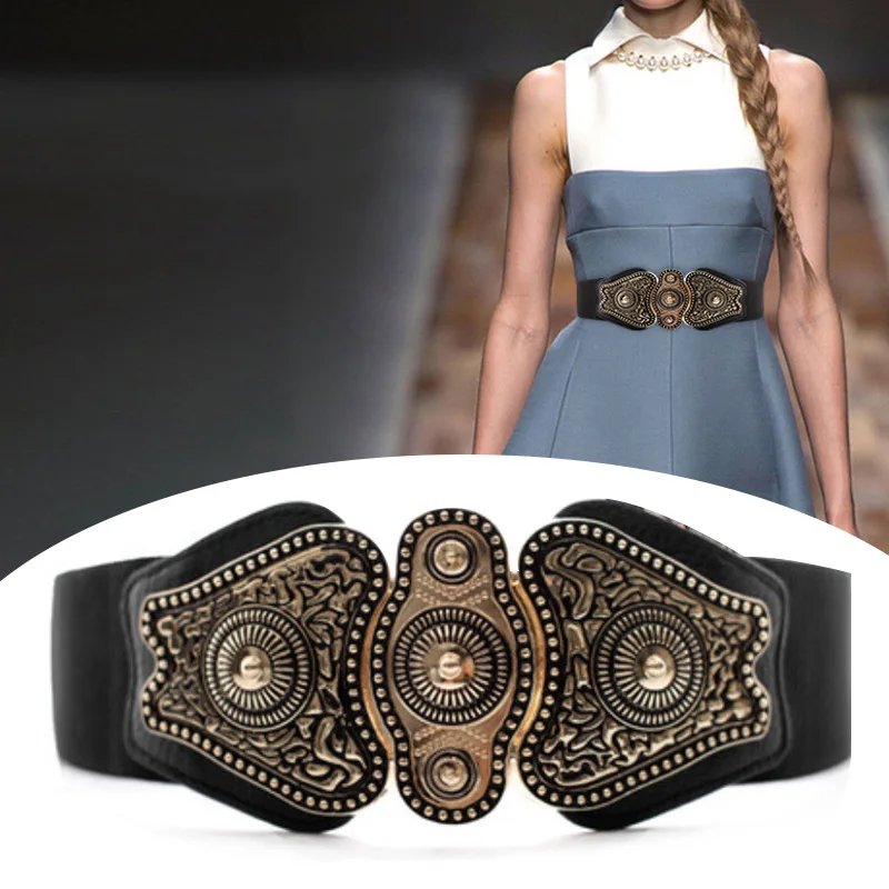 

Women Wide Belt PU Leather Elastic Waistband Cummerbund Lady Court Carved Buckle Retro Waist Belts Dress Brand Design belt